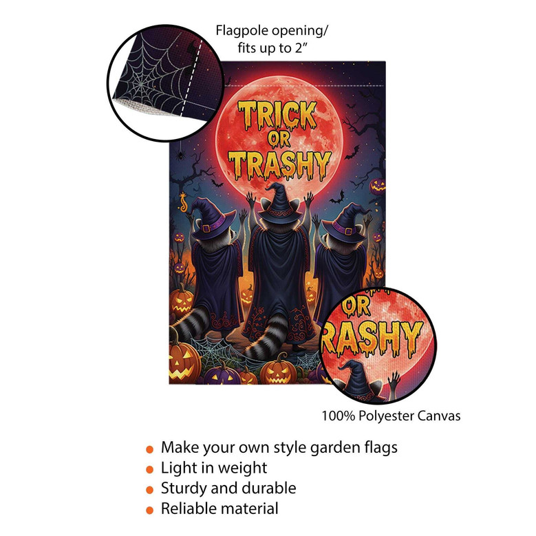 Spooky Halloween Garden Flag With Raccoons & Pumpkins - Witchy Outdoor Decor - Trick Or Trashy Design