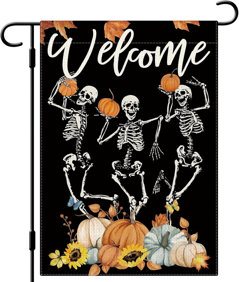 Humorous Skeleton Halloween Garden Flag For Autumn - Farmhouse Yard Decor For Thanksgiving