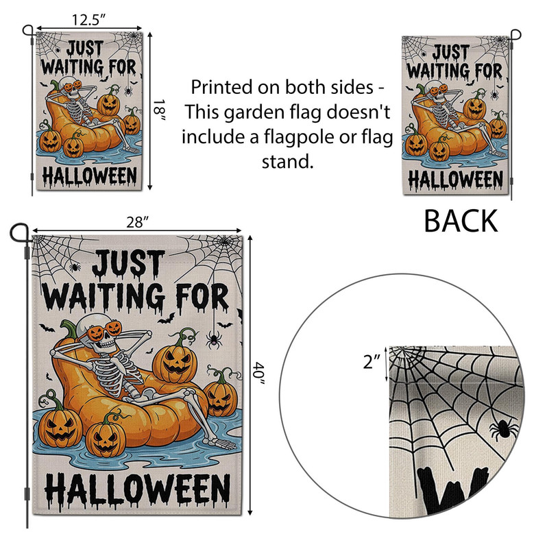 Funny Skeleton 'Just Waiting For Halloween' Garden Flag For Spooky Outdoor Fall Decoration