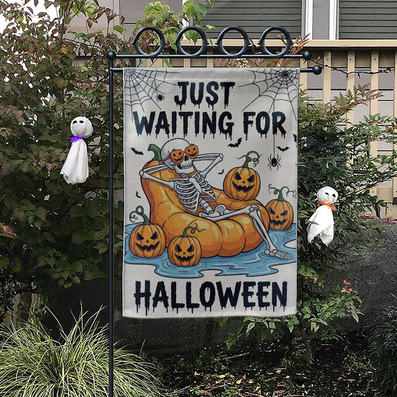 Funny Skeleton 'Just Waiting For Halloween' Garden Flag For Spooky Outdoor Fall Decoration