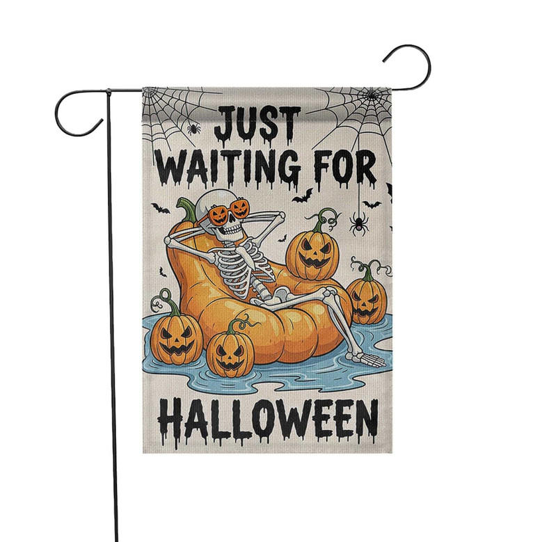Funny Skeleton 'Just Waiting For Halloween' Garden Flag For Spooky Outdoor Fall Decoration