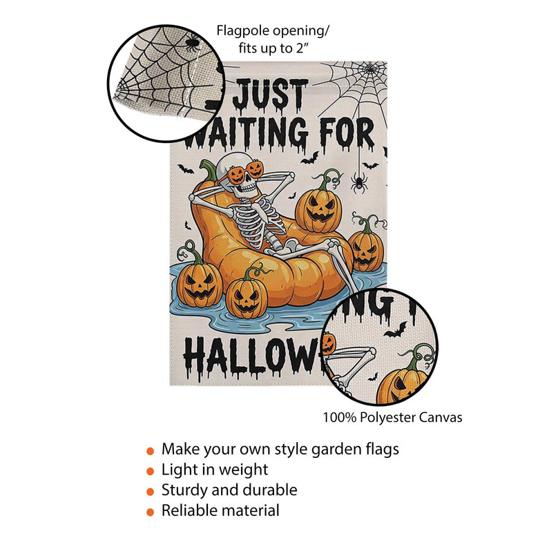 Funny Skeleton 'Just Waiting For Halloween' Garden Flag For Spooky Outdoor Fall Decoration