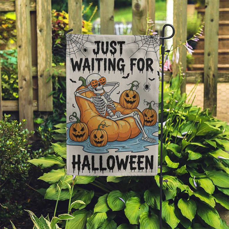 Funny Skeleton 'Just Waiting For Halloween' Garden Flag For Spooky Outdoor Fall Decoration
