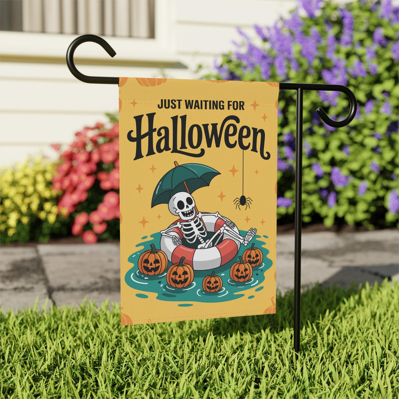 Skeleton Halloween Garden Flag - Just Waiting For Halloween Outdoor Yard Porch Decor - Funny Theme