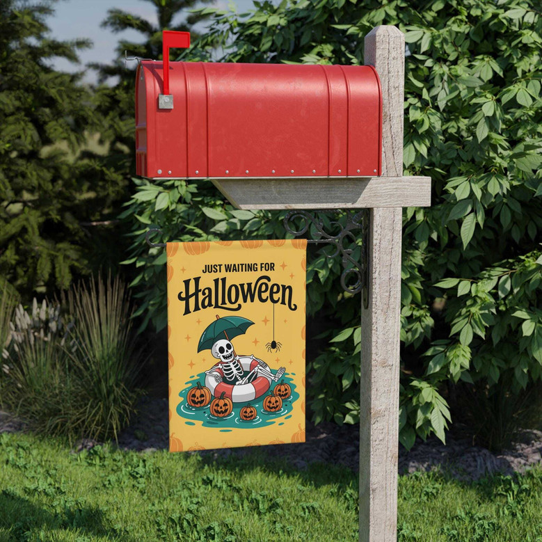 Skeleton Halloween Garden Flag - Just Waiting For Halloween Outdoor Yard Porch Decor - Funny Theme
