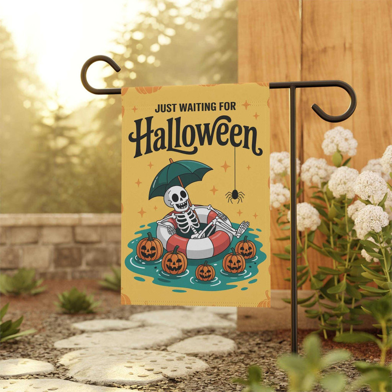 Skeleton Halloween Garden Flag - Just Waiting For Halloween Outdoor Yard Porch Decor - Funny Theme