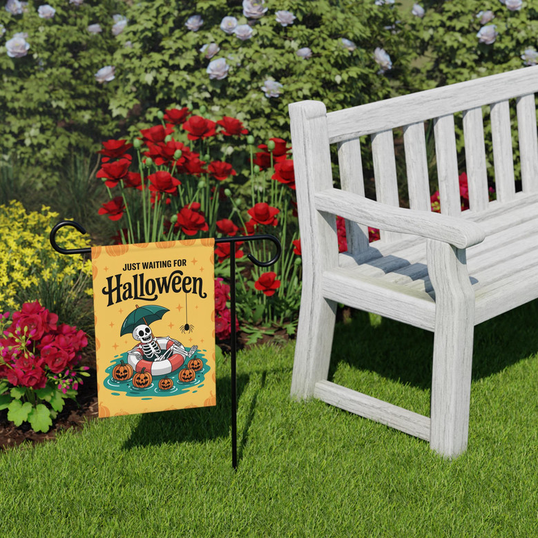 Skeleton Halloween Garden Flag - Just Waiting For Halloween Outdoor Yard Porch Decor - Funny Theme