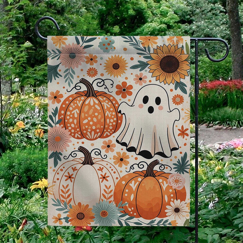 Whimsical Boho Ghost And Pumpkin Garden Flag - Outdoor Halloween Floral Decor With Sunflowers, Perfect For Autumn Yards