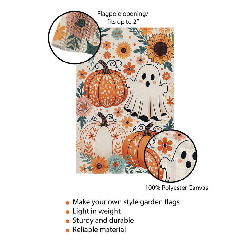 Whimsical Boho Ghost And Pumpkin Garden Flag - Outdoor Halloween Floral Decor With Sunflowers, Perfect For Autumn Yards