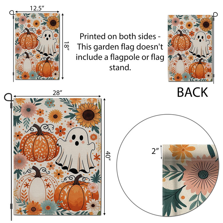 Whimsical Boho Ghost And Pumpkin Garden Flag - Outdoor Halloween Floral Decor With Sunflowers, Perfect For Autumn Yards