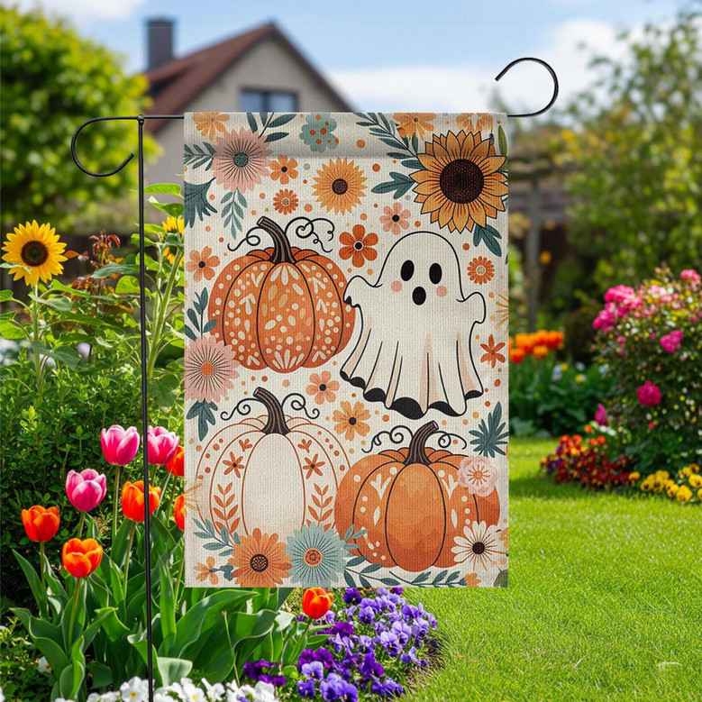 Whimsical Boho Ghost And Pumpkin Garden Flag - Outdoor Halloween Floral Decor With Sunflowers, Perfect For Autumn Yards