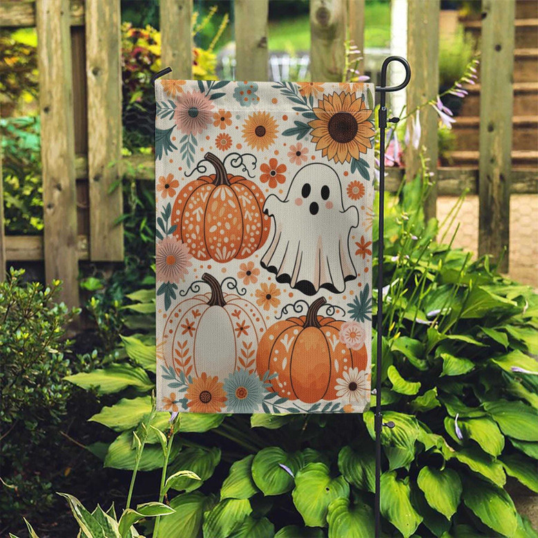 Whimsical Boho Ghost And Pumpkin Garden Flag - Outdoor Halloween Floral Decor With Sunflowers, Perfect For Autumn Yards