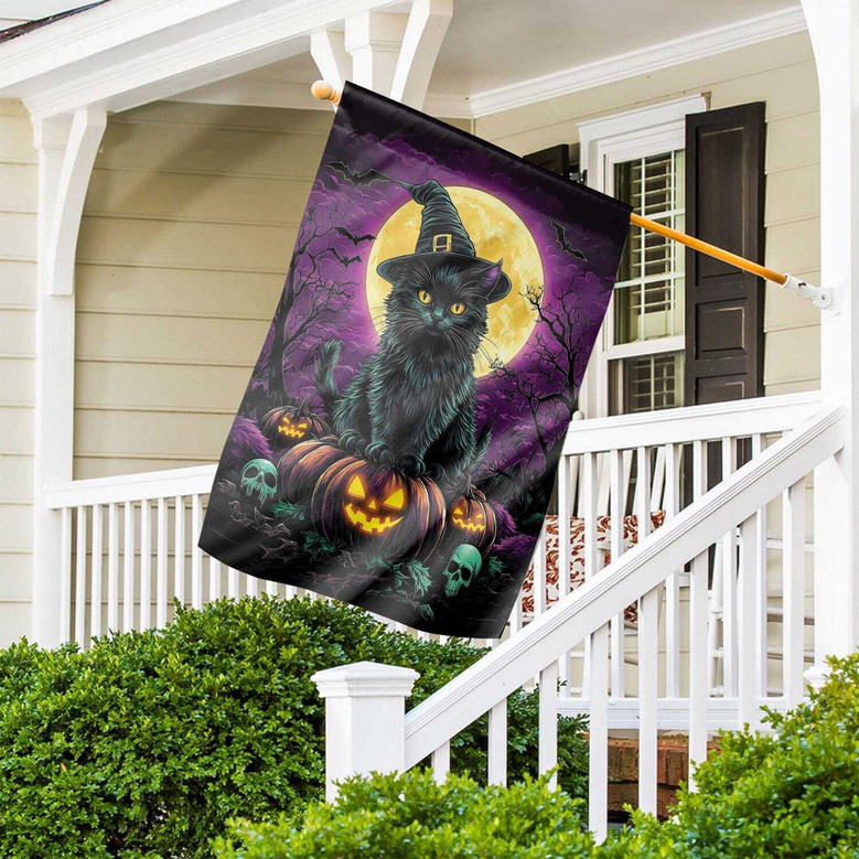 Spooky Halloween Black Cat Flag For Porch & Garden - Witch Themed Outdoor Decor