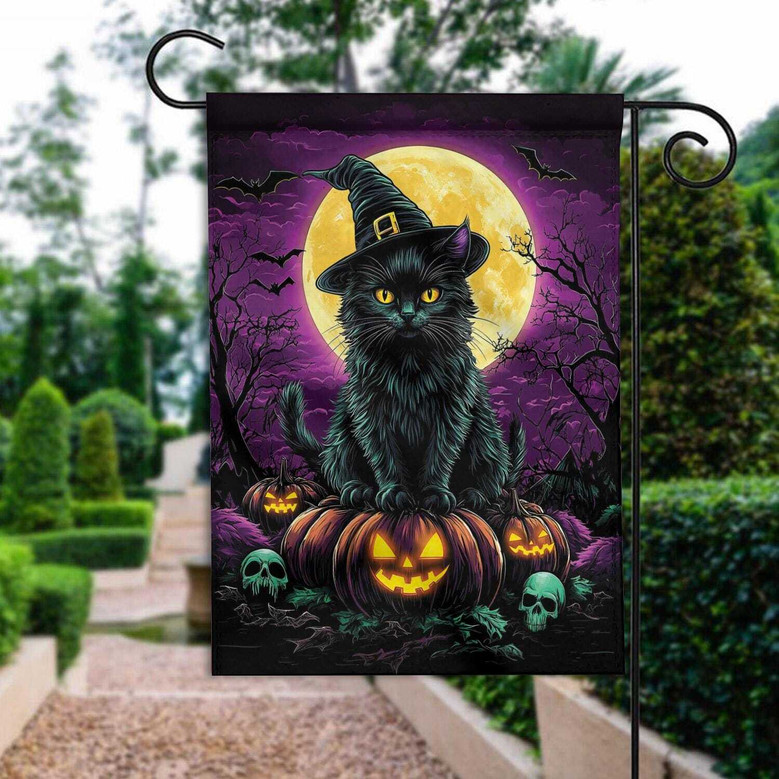 Spooky Halloween Black Cat Flag For Porch & Garden - Witch Themed Outdoor Decor