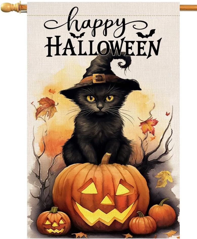 Halloween Black Cat And Pumpkin House Flag - Outdoor Holiday Decor 28x40, Burlap Yard Decoration