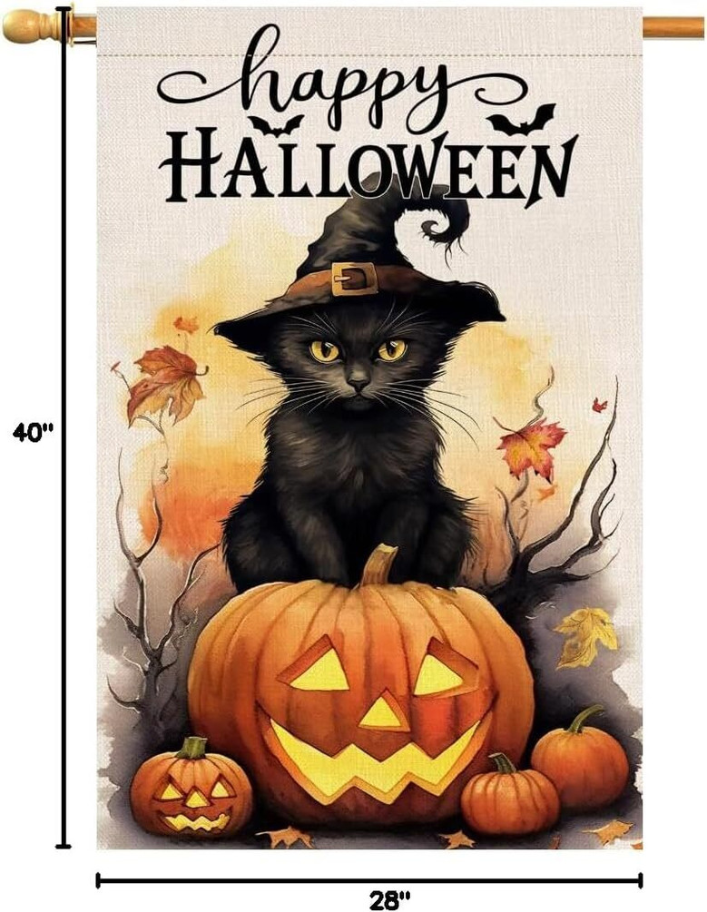 Halloween Black Cat And Pumpkin House Flag - Outdoor Holiday Decor 28x40, Burlap Yard Decoration