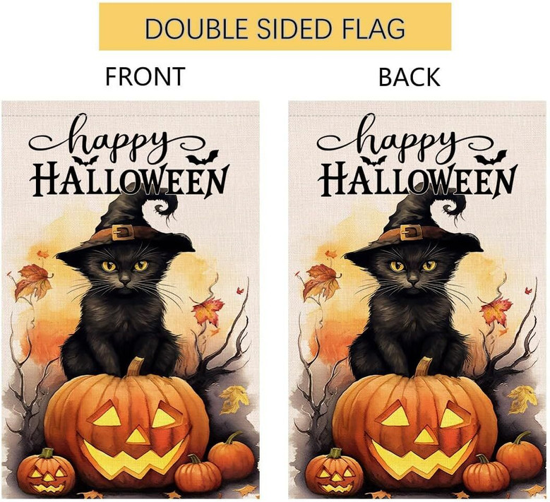 Halloween Black Cat And Pumpkin House Flag - Outdoor Holiday Decor 28x40, Burlap Yard Decoration