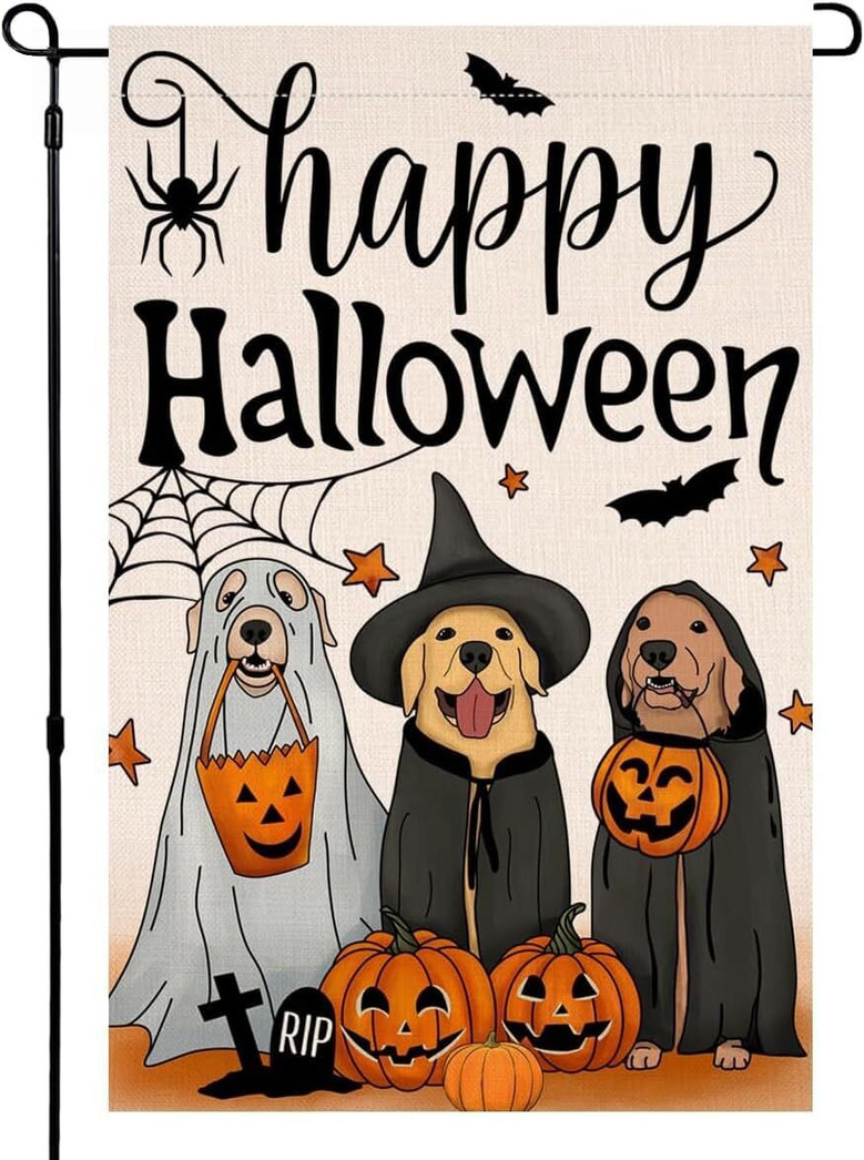 Double Sided Halloween Dog Ghost Garden Flag 12x18 Burlap For Outdoor Holiday Decor