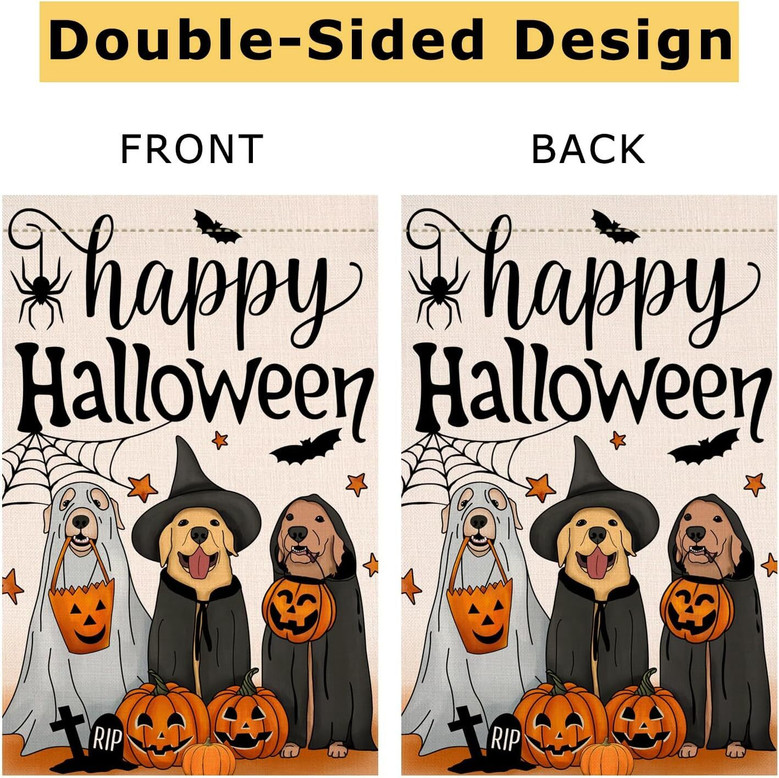 Double Sided Halloween Dog Ghost Garden Flag 12x18 Burlap For Outdoor Holiday Decor