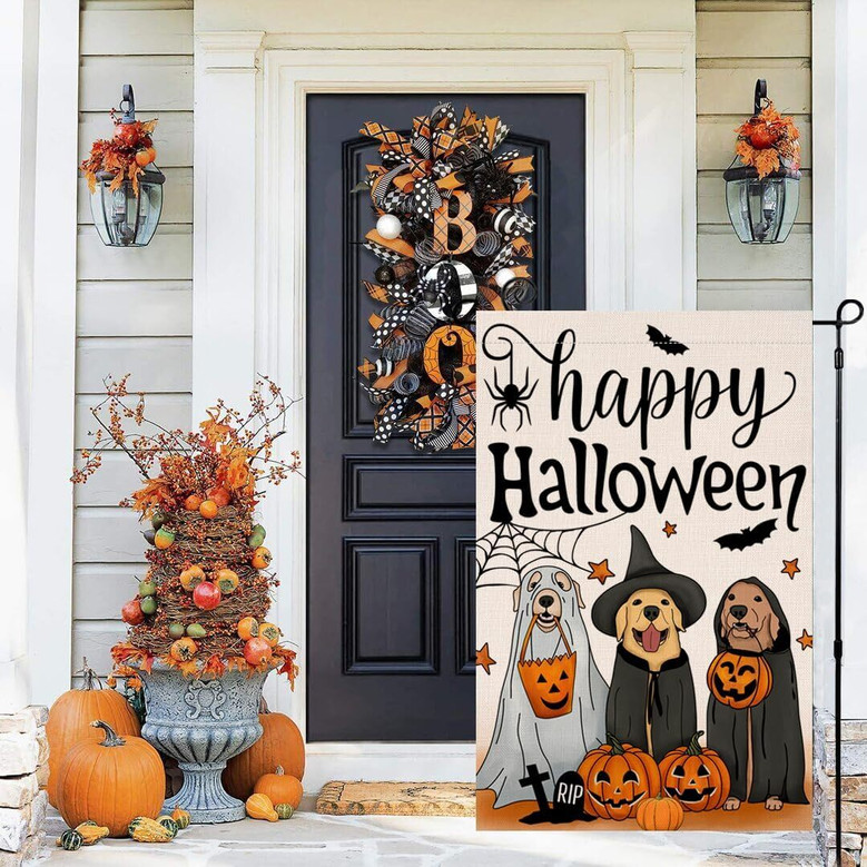 Double Sided Halloween Dog Ghost Garden Flag 12x18 Burlap For Outdoor Holiday Decor