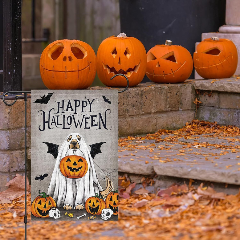 Charming Halloween Garden Flag With Dog Ghost & Pumpkin For Outdoor Decor - Perfect For Pet Lovers