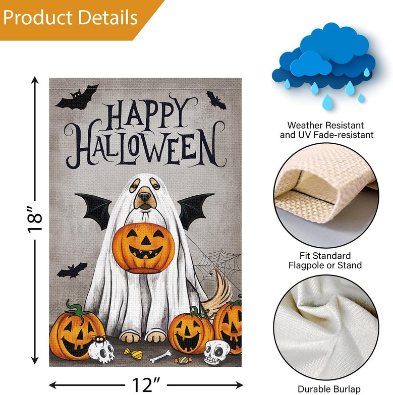 Charming Halloween Garden Flag With Dog Ghost & Pumpkin For Outdoor Decor - Perfect For Pet Lovers
