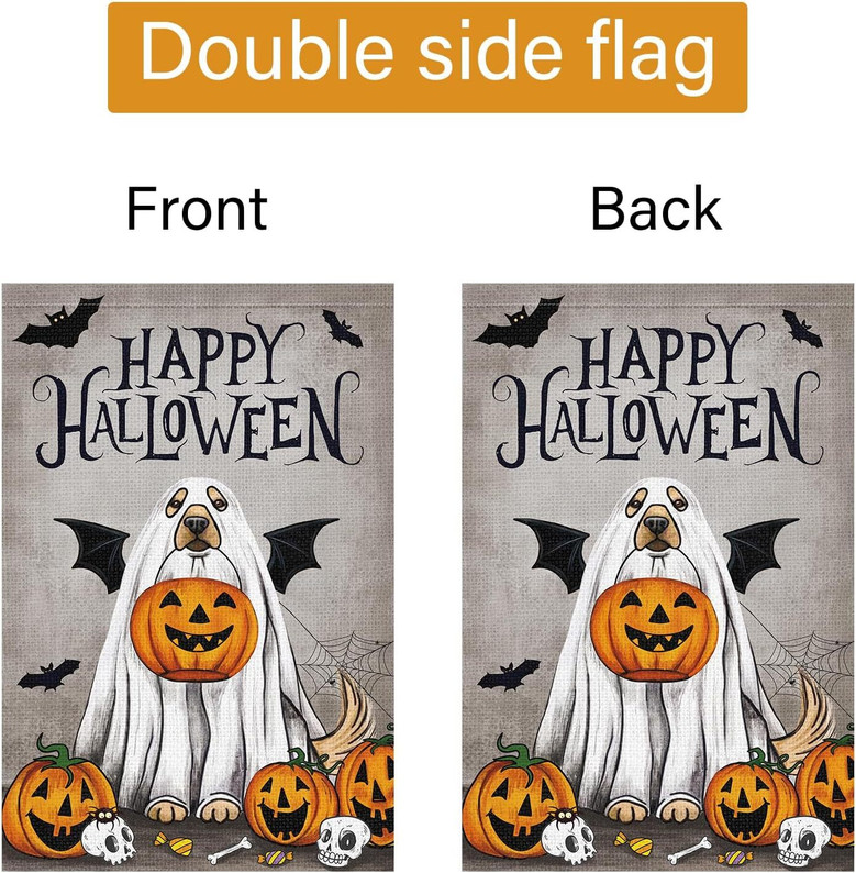 Charming Halloween Garden Flag With Dog Ghost & Pumpkin For Outdoor Decor - Perfect For Pet Lovers
