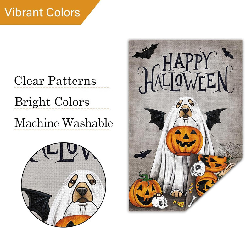 Charming Halloween Garden Flag With Dog Ghost & Pumpkin For Outdoor Decor - Perfect For Pet Lovers