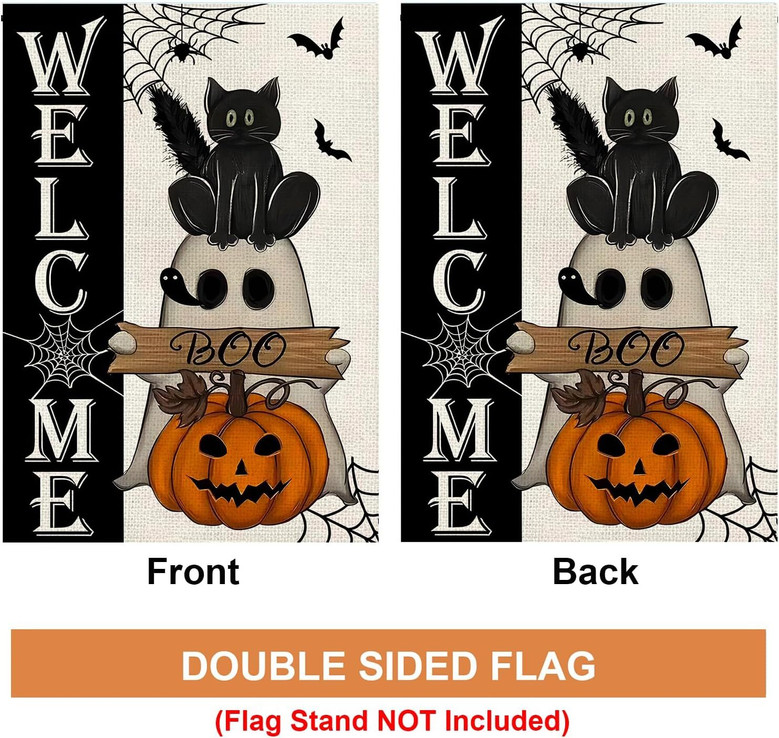 Welcome Halloween Garden Flag 12x18 Double Sided Burlap - Black Cat Spooky Ghost Design For Outdoor Patio