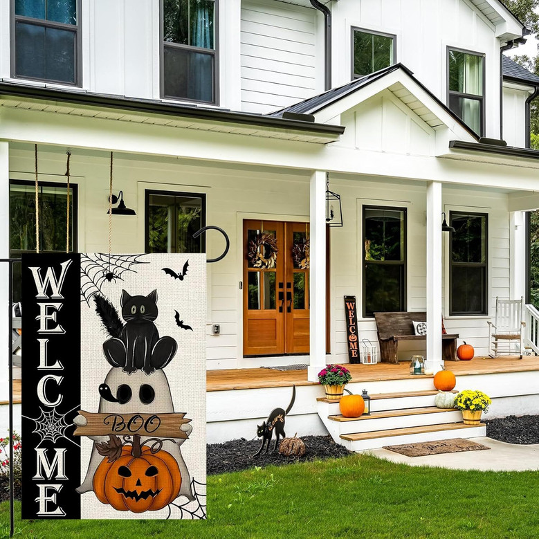 Welcome Halloween Garden Flag 12x18 Double Sided Burlap - Black Cat Spooky Ghost Design For Outdoor Patio