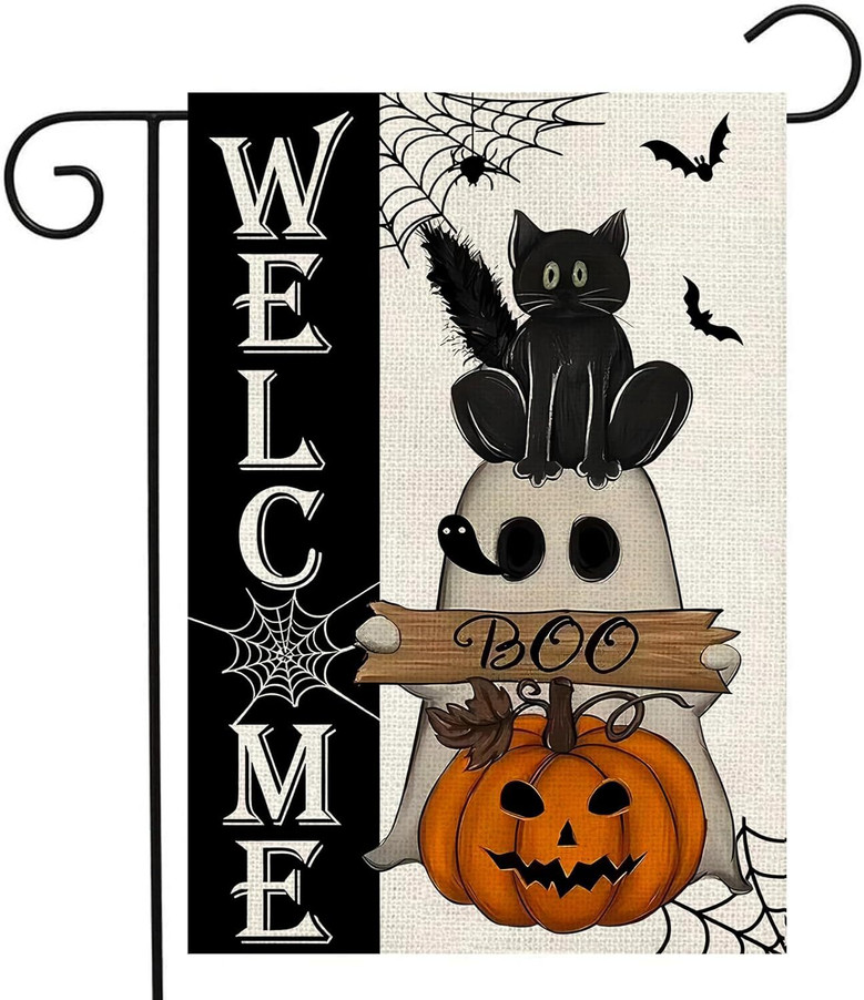 Welcome Halloween Garden Flag 12x18 Double Sided Burlap - Black Cat Spooky Ghost Design For Outdoor Patio