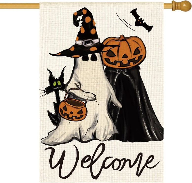 Welcome Halloween House Flag - Ghost & Black Cat Design For Outdoor Yard Decoration, Double-Sided 28x40 Inch
