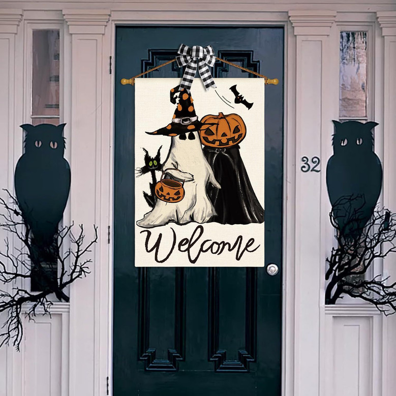 Welcome Halloween House Flag - Ghost & Black Cat Design For Outdoor Yard Decoration, Double-Sided 28x40 Inch