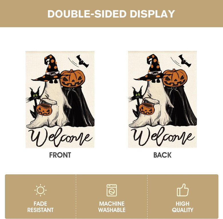 Welcome Halloween House Flag - Ghost & Black Cat Design For Outdoor Yard Decoration, Double-Sided 28x40 Inch