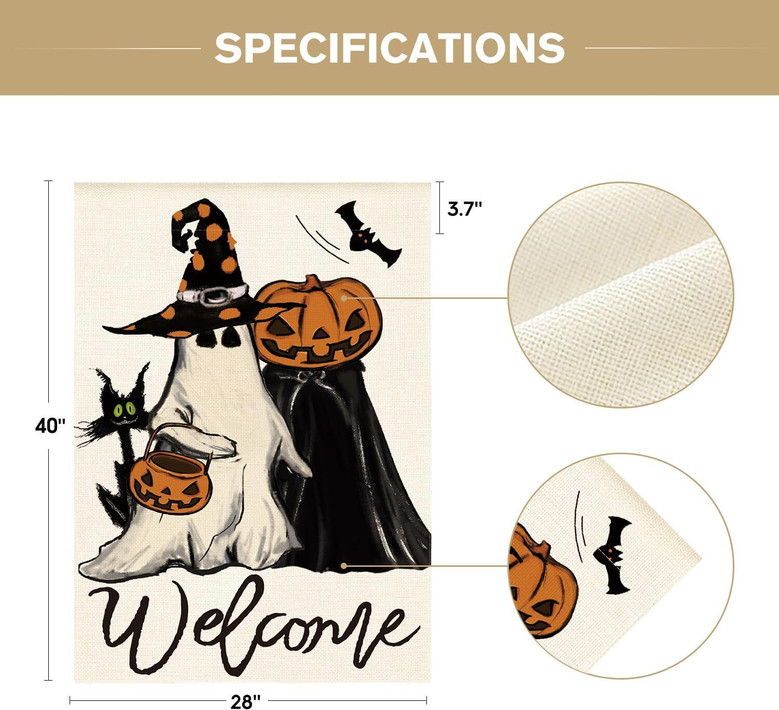 Welcome Halloween House Flag - Ghost & Black Cat Design For Outdoor Yard Decoration, Double-Sided 28x40 Inch