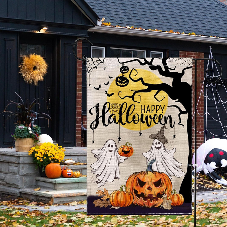 Charming Halloween Garden Flag With Ghost And Pumpkin Design For Patio Lawn DéCor