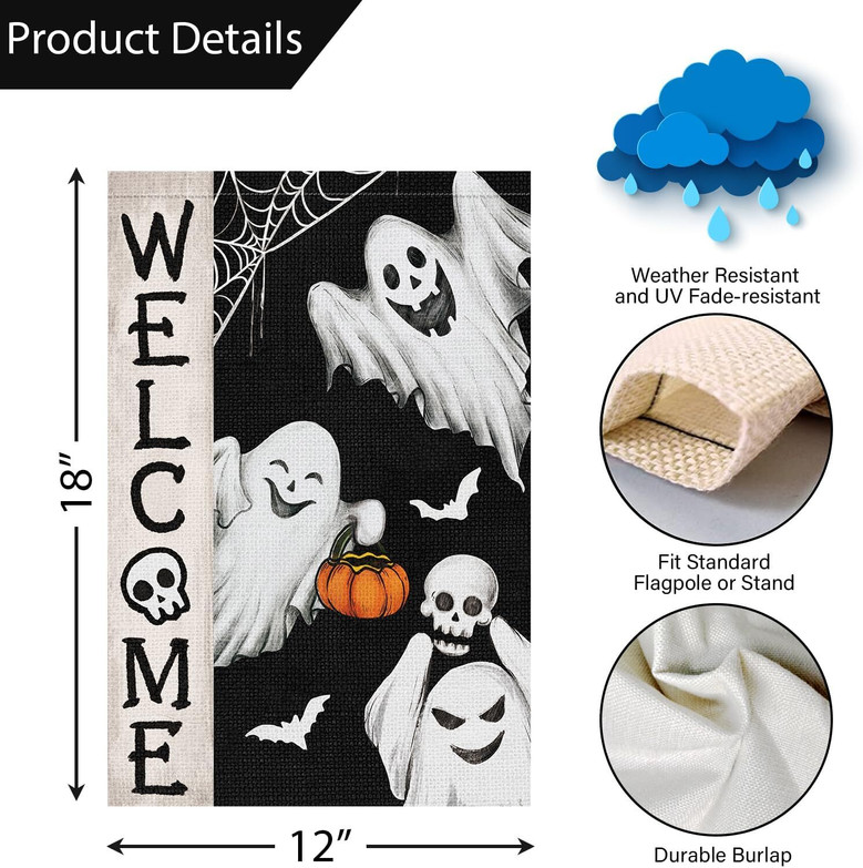 Spooky Halloween Ghost Garden Flag - Double Sided 12x18 Burlap For Outdoor Seasonal Decor