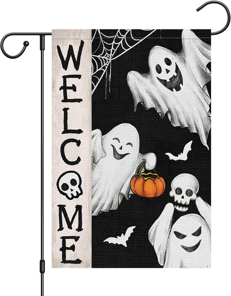 Spooky Halloween Ghost Garden Flag - Double Sided 12x18 Burlap For Outdoor Seasonal Decor