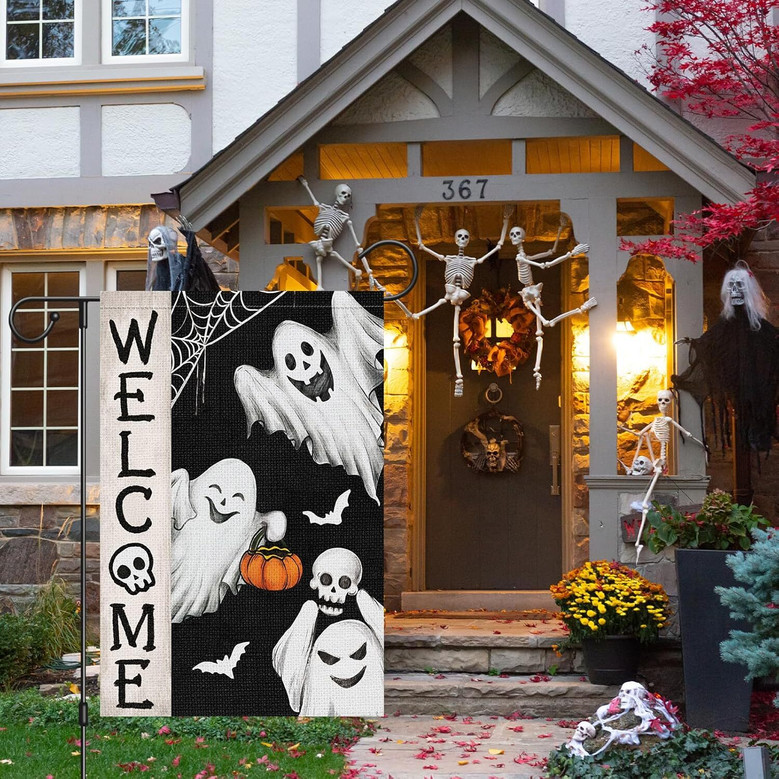 Spooky Halloween Ghost Garden Flag - Double Sided 12x18 Burlap For Outdoor Seasonal Decor