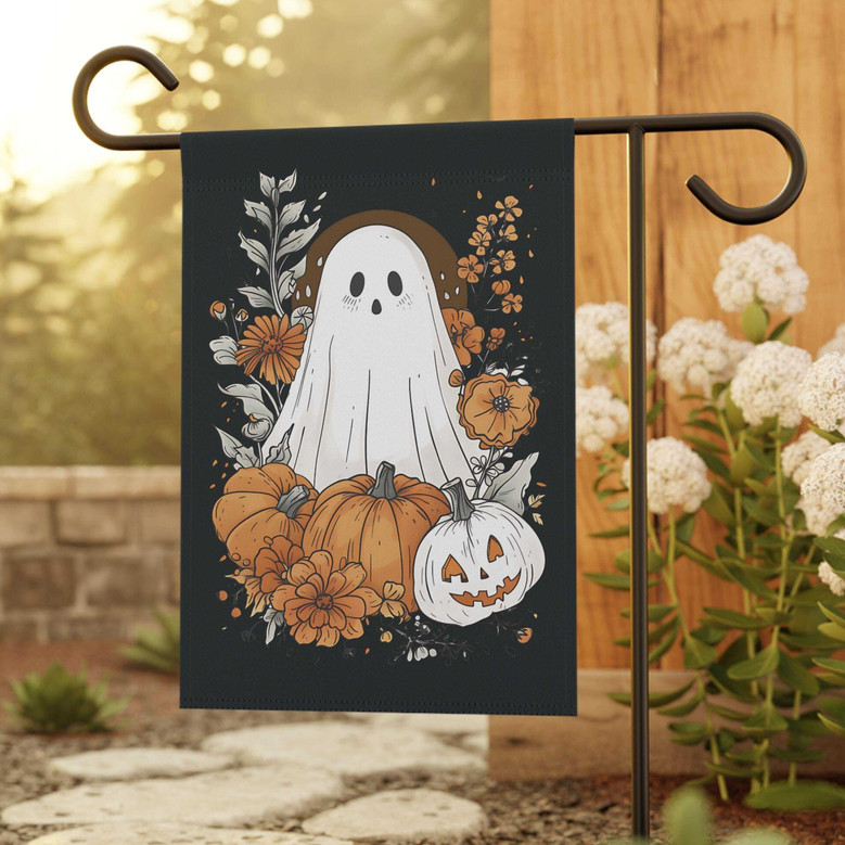 Cute Halloween Ghost House Flag For Outdoor Fall Decor - Goth Garden Banner With Floral Design