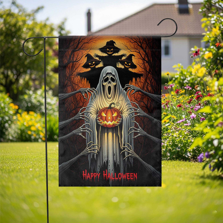 Creepy Ghost Halloween Garden Flag For Spooky Yard Decor - Haunted Outdoor Decoration For A Frightful Ambiance