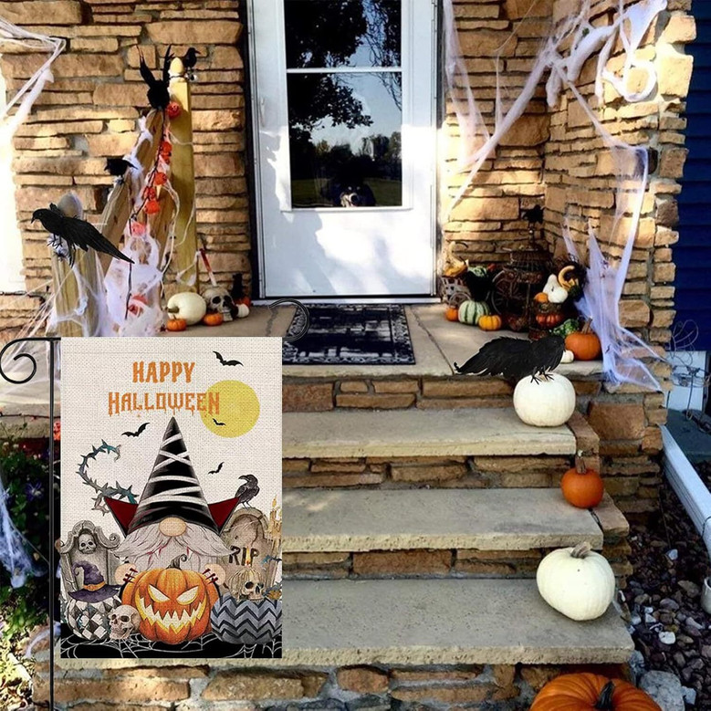 Halloween Gnomes Garden Flag – Happy Pumpkin Burlap Yard Decor for Outdoors