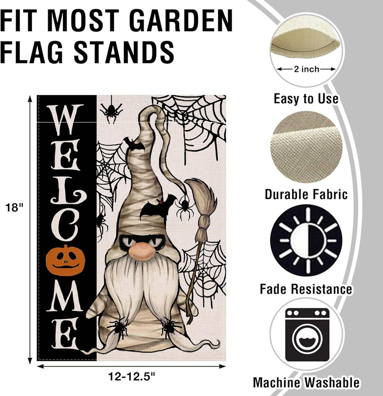 Spooky Halloween Mummy Gnome Flag - Outdoor Garden Decoration With Spider Web And Pumpkin Theme