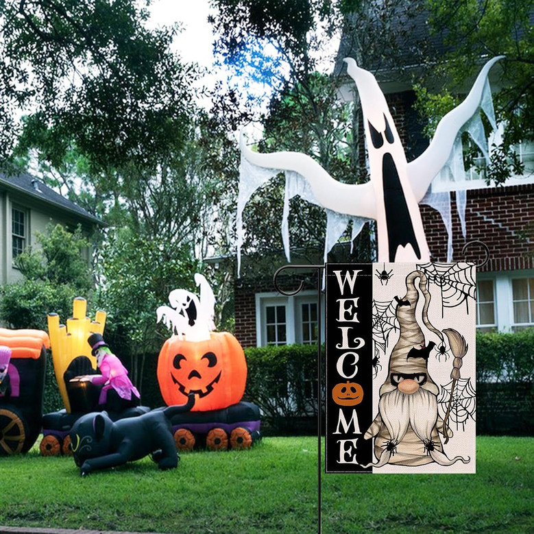 Spooky Halloween Mummy Gnome Flag - Outdoor Garden Decoration With Spider Web And Pumpkin Theme