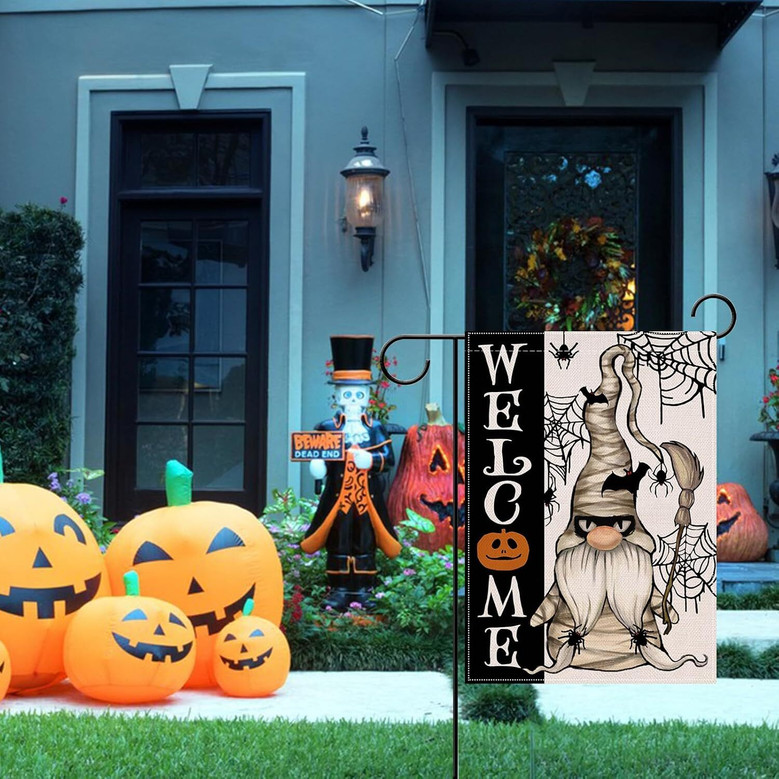 Spooky Halloween Mummy Gnome Flag - Outdoor Garden Decoration With Spider Web And Pumpkin Theme