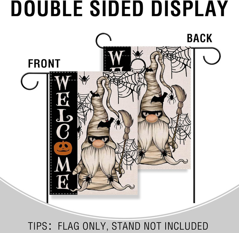 Spooky Halloween Mummy Gnome Flag - Outdoor Garden Decoration With Spider Web And Pumpkin Theme