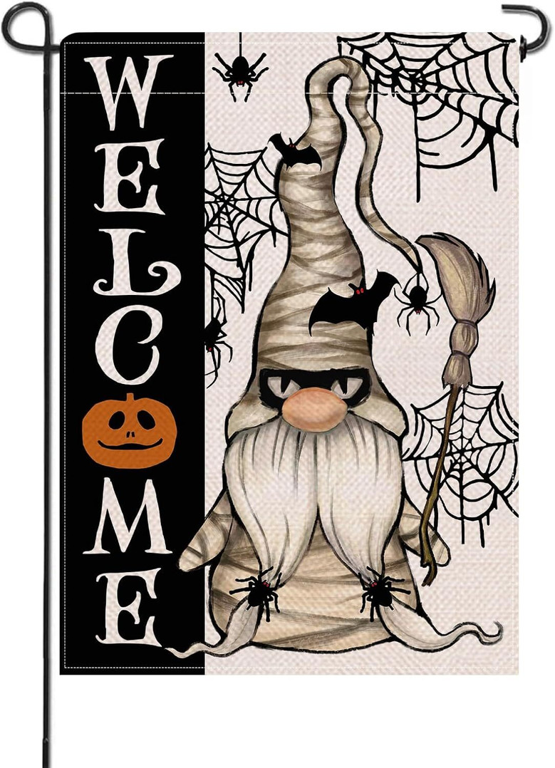 Spooky Halloween Mummy Gnome Flag - Outdoor Garden Decoration With Spider Web And Pumpkin Theme