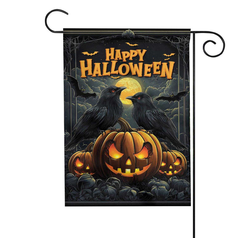 Double-Sided Halloween House Flag With Ravens And Pumpkins - Porch And Garden Decor