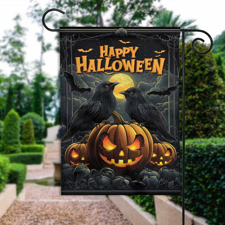 Double-Sided Halloween House Flag With Ravens And Pumpkins - Porch And Garden Decor