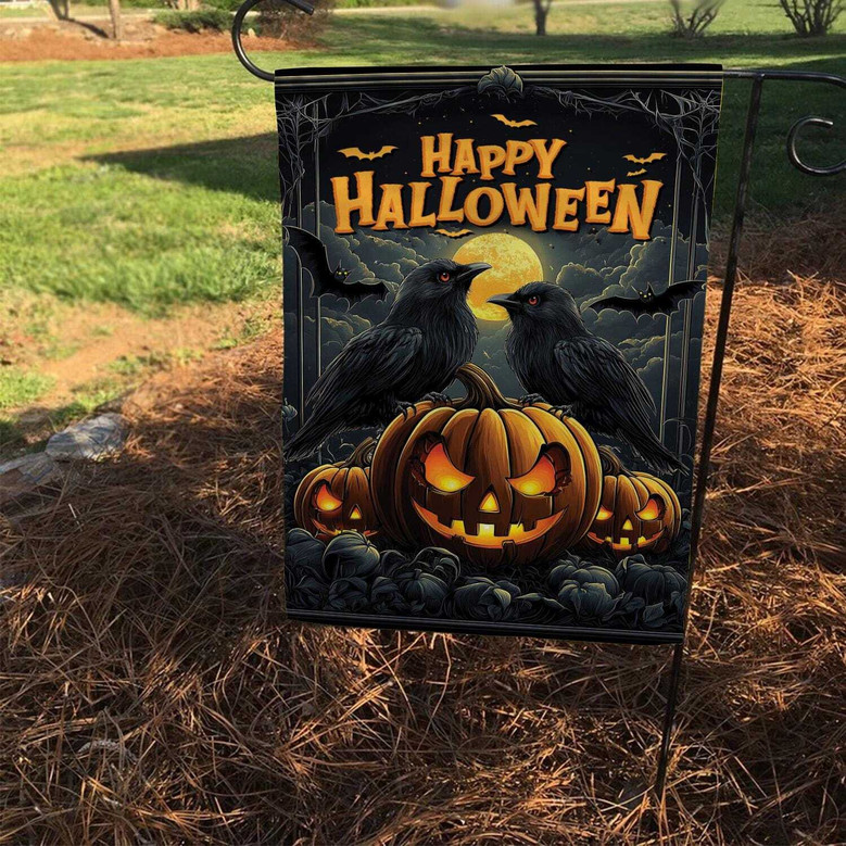 Double-Sided Halloween House Flag With Ravens And Pumpkins - Porch And Garden Decor